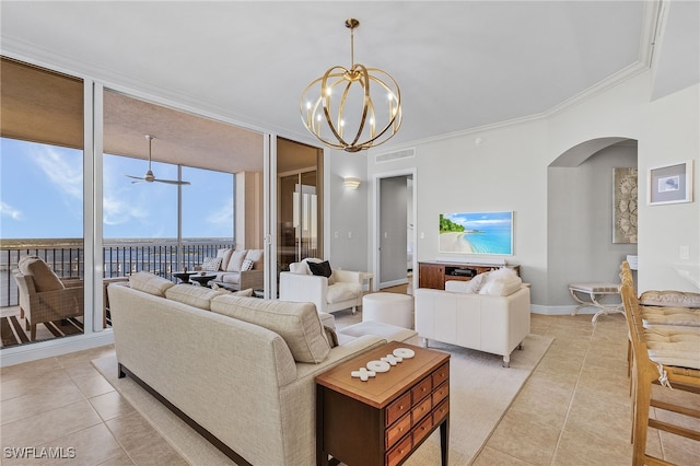 living room featuring ceiling fan with notable chandelier, a wall of windows, light tile patterned floors, and ornamental molding