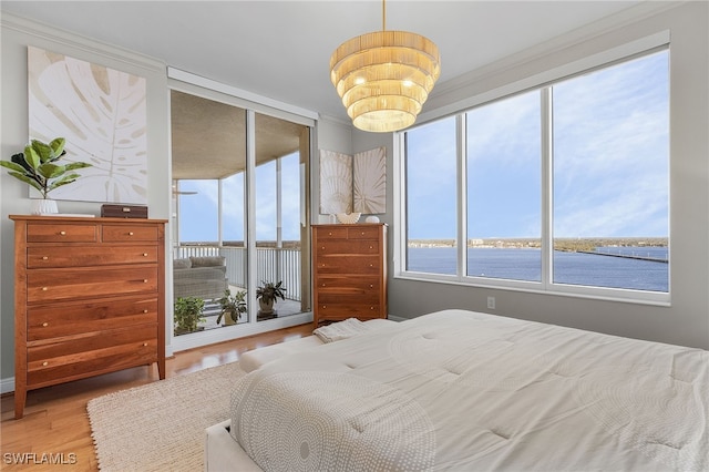 bedroom featuring access to exterior, a water view, and hardwood / wood-style flooring