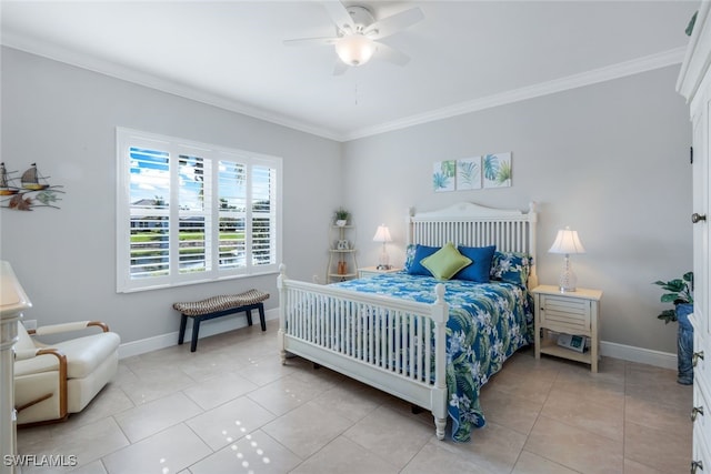 bedroom with baseboards, ceiling fan, light tile patterned flooring, and crown molding