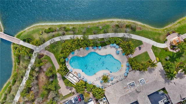 aerial view featuring a water view