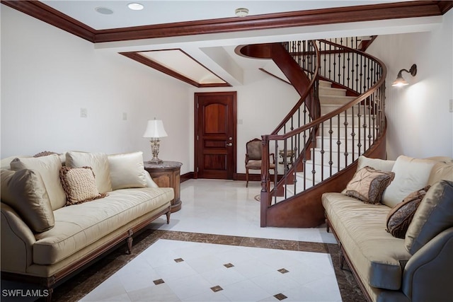 living room featuring crown molding