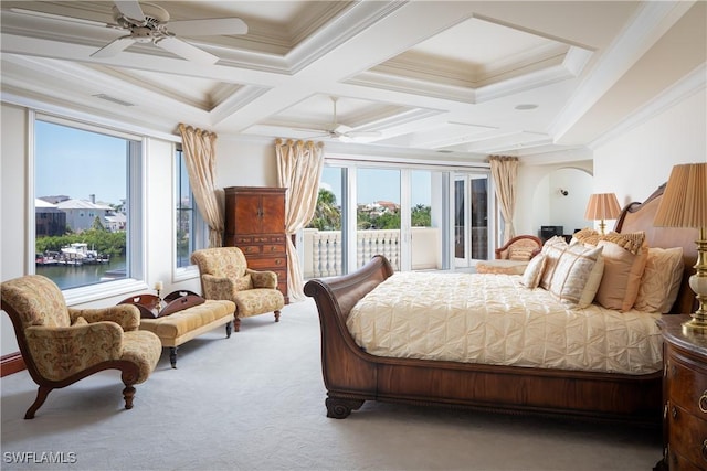 carpeted bedroom with ceiling fan, beamed ceiling, crown molding, and coffered ceiling