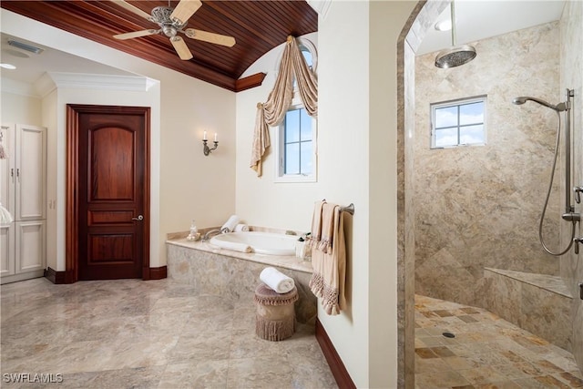 bathroom with ceiling fan, ornamental molding, wood ceiling, and separate shower and tub