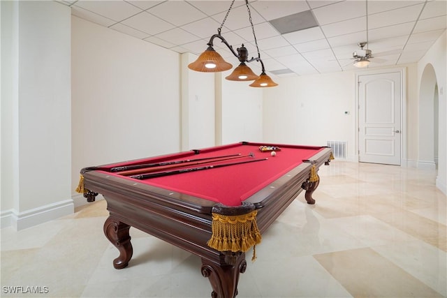 game room featuring ceiling fan, billiards, and a paneled ceiling