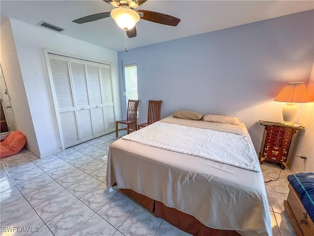 bedroom featuring ceiling fan and a closet