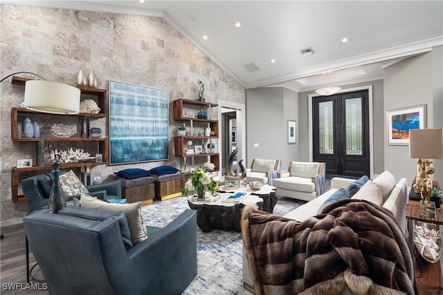 living room with visible vents, ornamental molding, recessed lighting, french doors, and wood finished floors