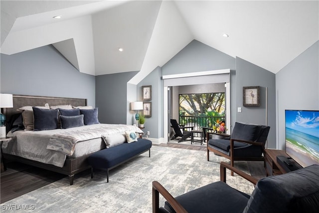 bedroom featuring wood finished floors, recessed lighting, baseboards, access to exterior, and vaulted ceiling