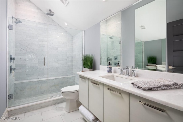 full bath with visible vents, a shower stall, toilet, lofted ceiling, and marble finish floor