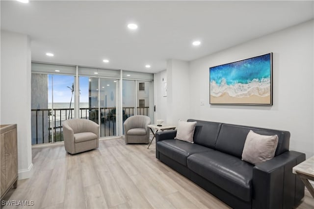 living room with expansive windows and light wood-type flooring