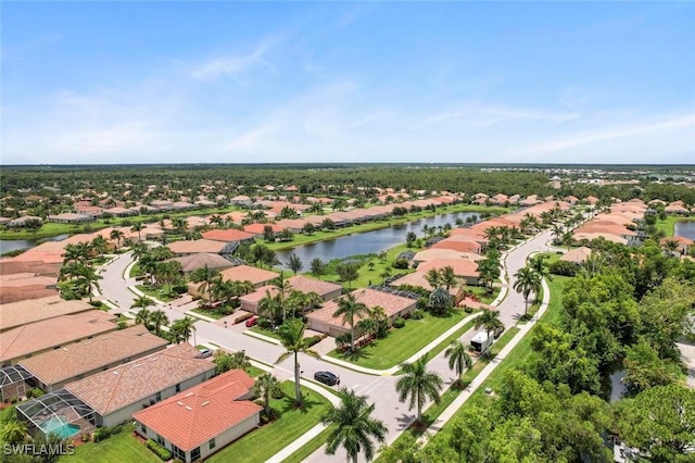 drone / aerial view featuring a water view