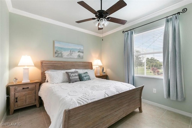 tiled bedroom with ceiling fan and ornamental molding