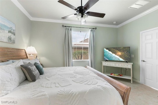 bedroom with ceiling fan, crown molding, and light tile patterned floors