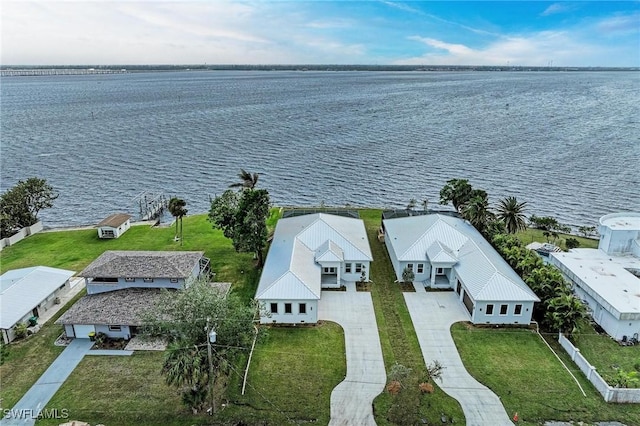 drone / aerial view featuring a water view