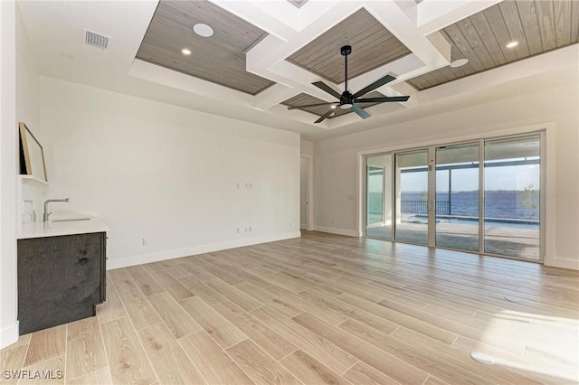 unfurnished living room featuring a water view, light hardwood / wood-style flooring, ceiling fan, and wood ceiling