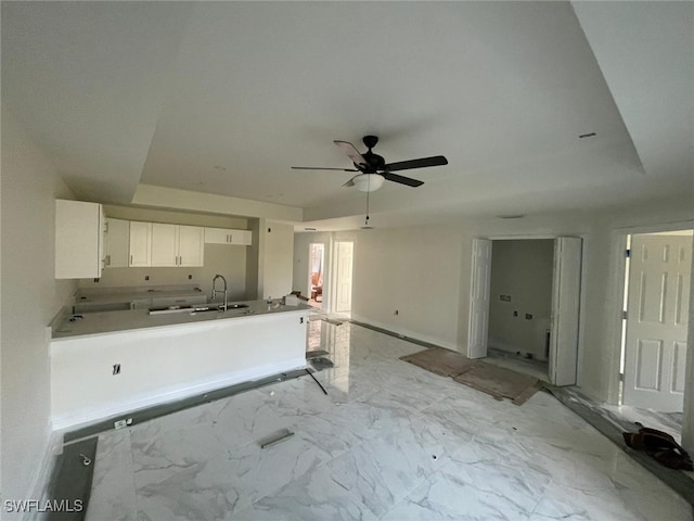 kitchen featuring white cabinets, ceiling fan, kitchen peninsula, and sink