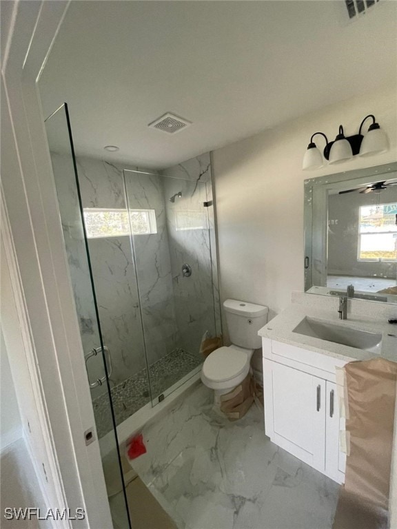 bathroom featuring plenty of natural light, vanity, a shower with door, and toilet