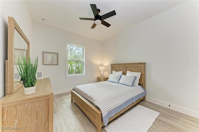 bedroom featuring light hardwood / wood-style flooring and ceiling fan