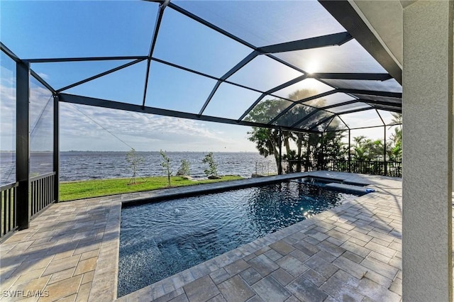 view of pool featuring a lanai, a water view, a patio, and a hot tub