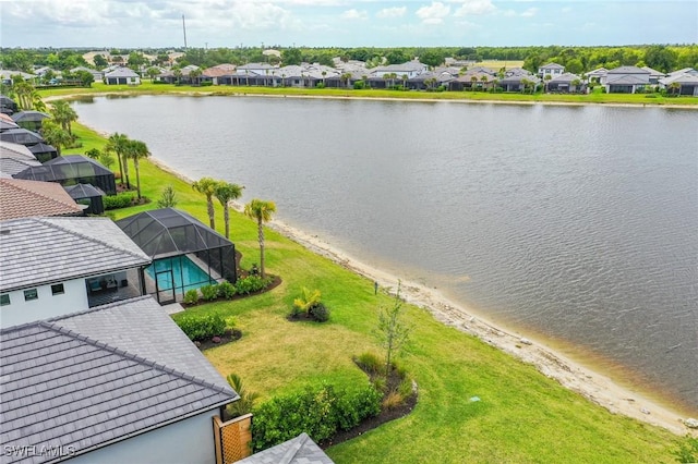 drone / aerial view featuring a water view