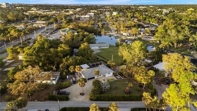 drone / aerial view featuring a water view