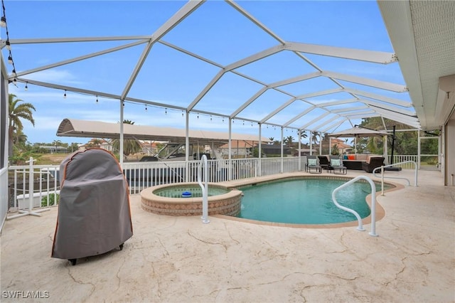 view of pool featuring an in ground hot tub, an outdoor hangout area, a lanai, grilling area, and a patio area