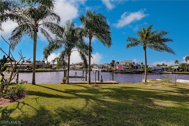 exterior space featuring a boat dock and a water view