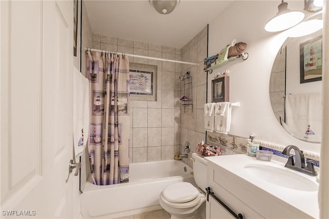 full bathroom featuring vanity, shower / bath combination with curtain, and toilet