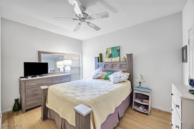 bedroom featuring ceiling fan and light wood-type flooring