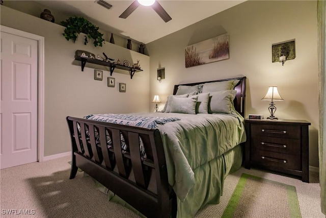 bedroom with ceiling fan and light colored carpet