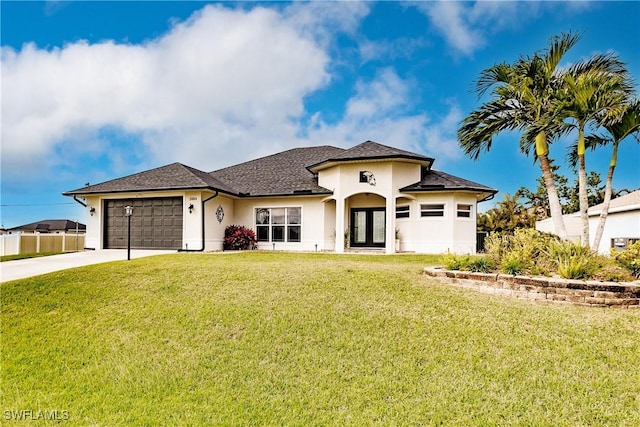 view of front of property with a garage and a front lawn