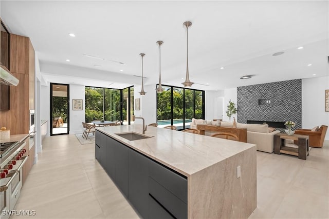 kitchen with a sink, open floor plan, a kitchen island with sink, and modern cabinets