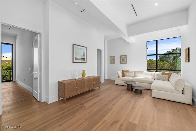 living room featuring light wood finished floors, baseboards, and a healthy amount of sunlight