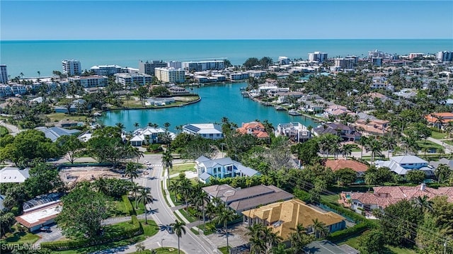 aerial view with a water view and a view of city