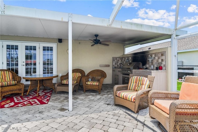 view of patio with ceiling fan, a grill, an outdoor hangout area, and french doors