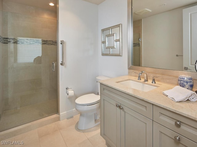 bathroom with tile patterned floors, vanity, toilet, and walk in shower