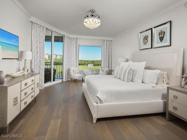 bedroom featuring access to outside, dark hardwood / wood-style flooring, ornamental molding, and a notable chandelier