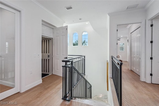 corridor with light hardwood / wood-style floors and crown molding