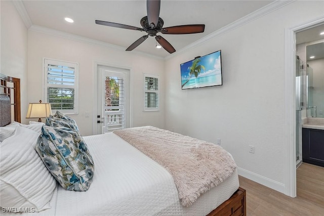 bedroom with ensuite bath, ornamental molding, access to outside, ceiling fan, and light hardwood / wood-style flooring