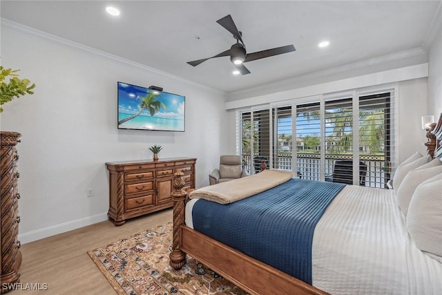 bedroom featuring access to exterior, light hardwood / wood-style flooring, ceiling fan, and ornamental molding