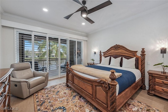 bedroom featuring access to exterior, ceiling fan, light hardwood / wood-style floors, and ornamental molding