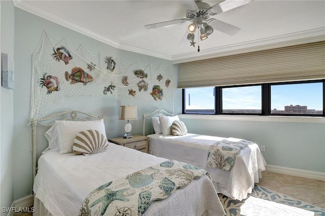 bedroom with tile patterned flooring, ornamental molding, and ceiling fan