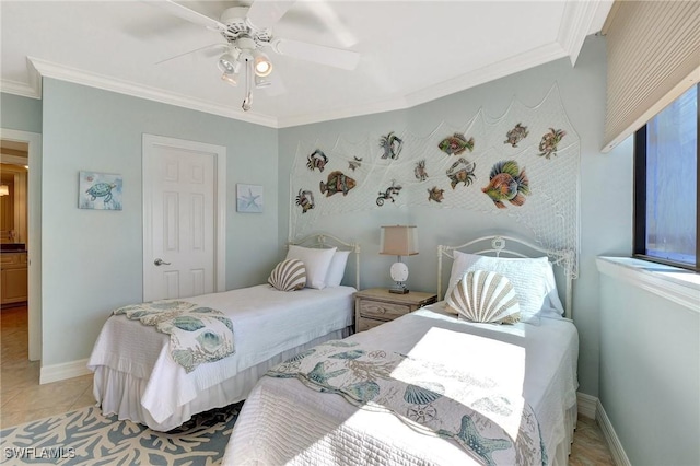 bedroom with ceiling fan, crown molding, and light tile patterned flooring