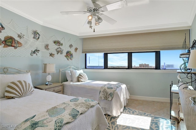 bedroom featuring ceiling fan, light tile patterned floors, and crown molding