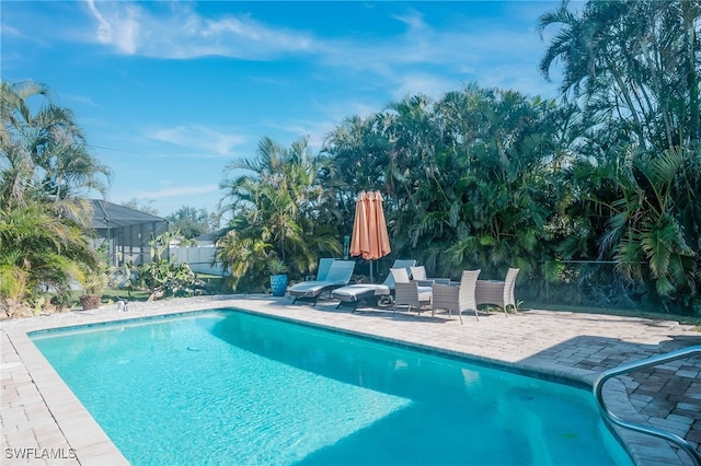 view of swimming pool featuring a patio area