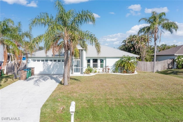 view of front of home with a garage and a front lawn