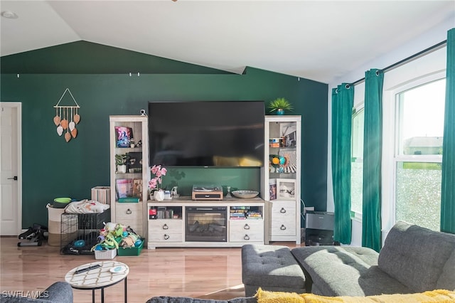 living room featuring hardwood / wood-style flooring and lofted ceiling