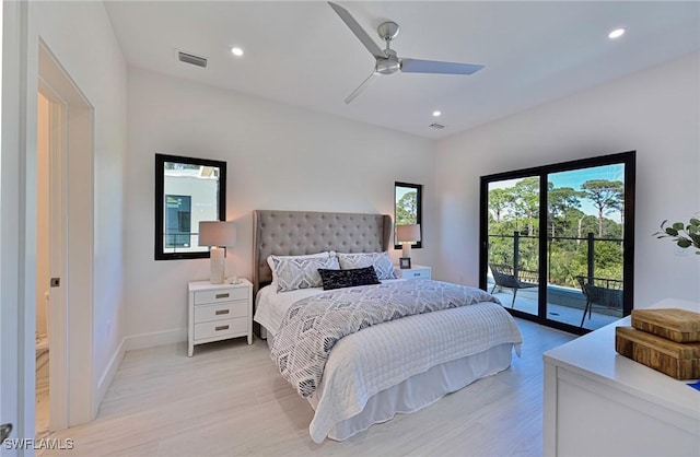 bedroom with ceiling fan, access to outside, and light hardwood / wood-style floors