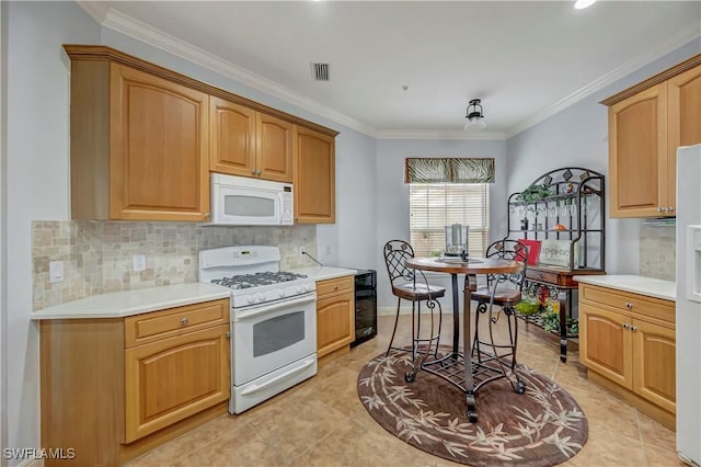 kitchen with white appliances, crown molding, decorative backsplash, light tile patterned flooring, and beverage cooler