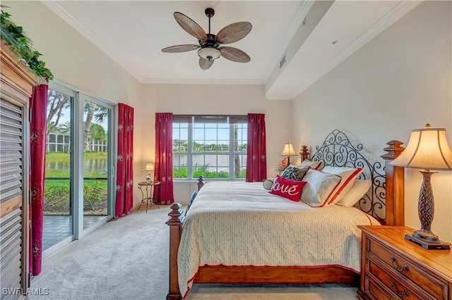 bedroom with light carpet, access to outside, ceiling fan, and ornamental molding