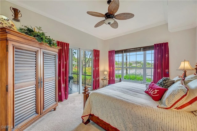 bedroom with access to exterior, ceiling fan, crown molding, and light carpet